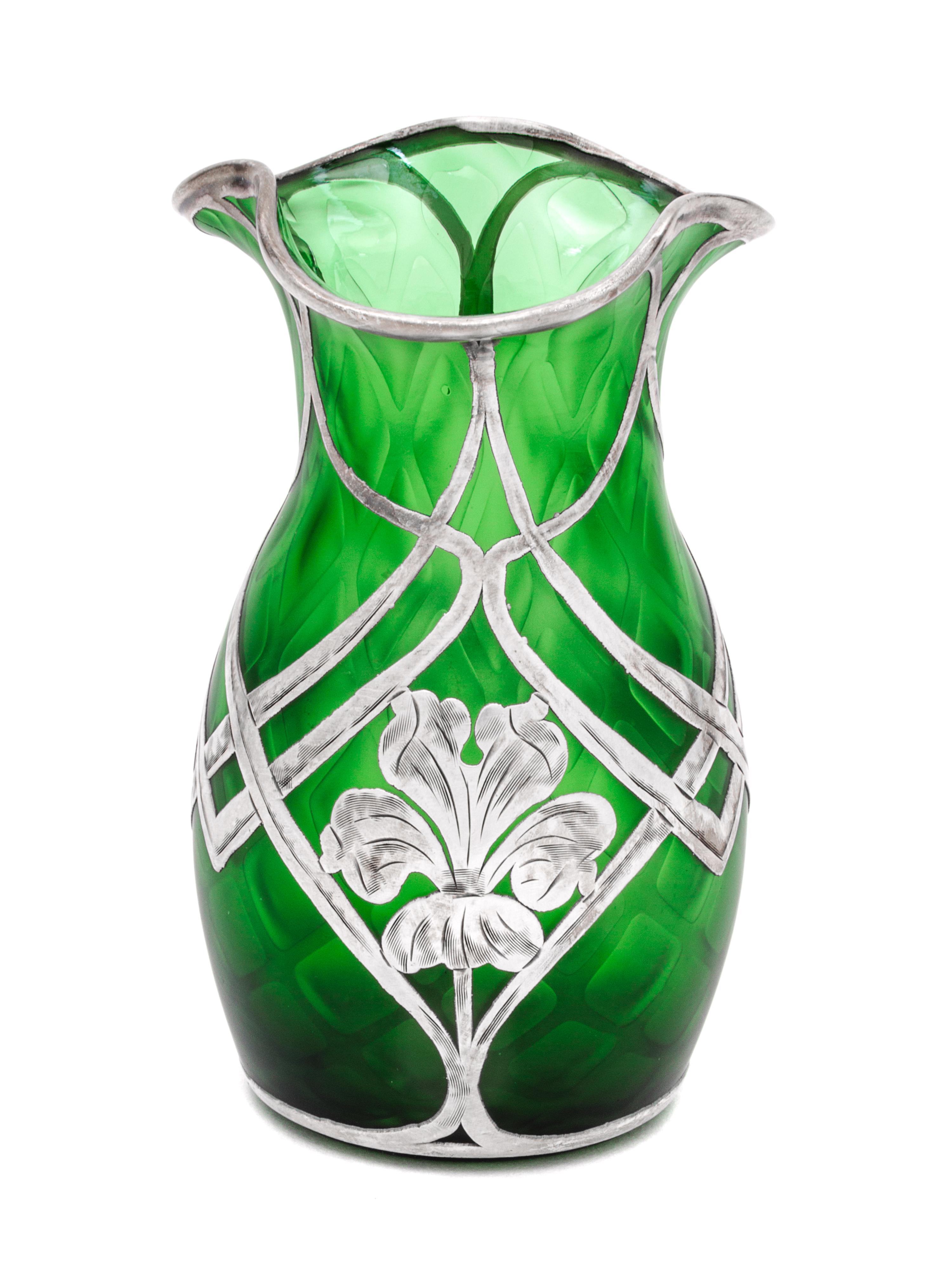 An Iridescent Silver Overlay Glass Vase, likely Austrian Height 5 3/8 inches.