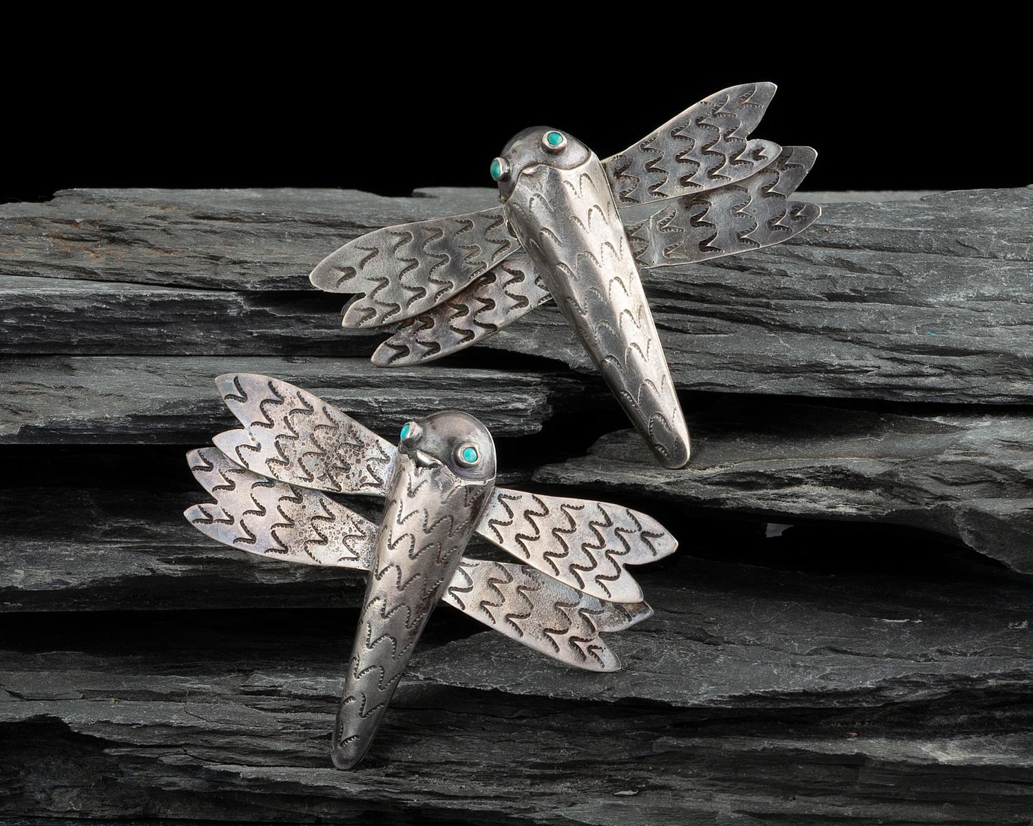 Pair of Navajo Silver and Turquoise Dragonfly Brooches / Pins