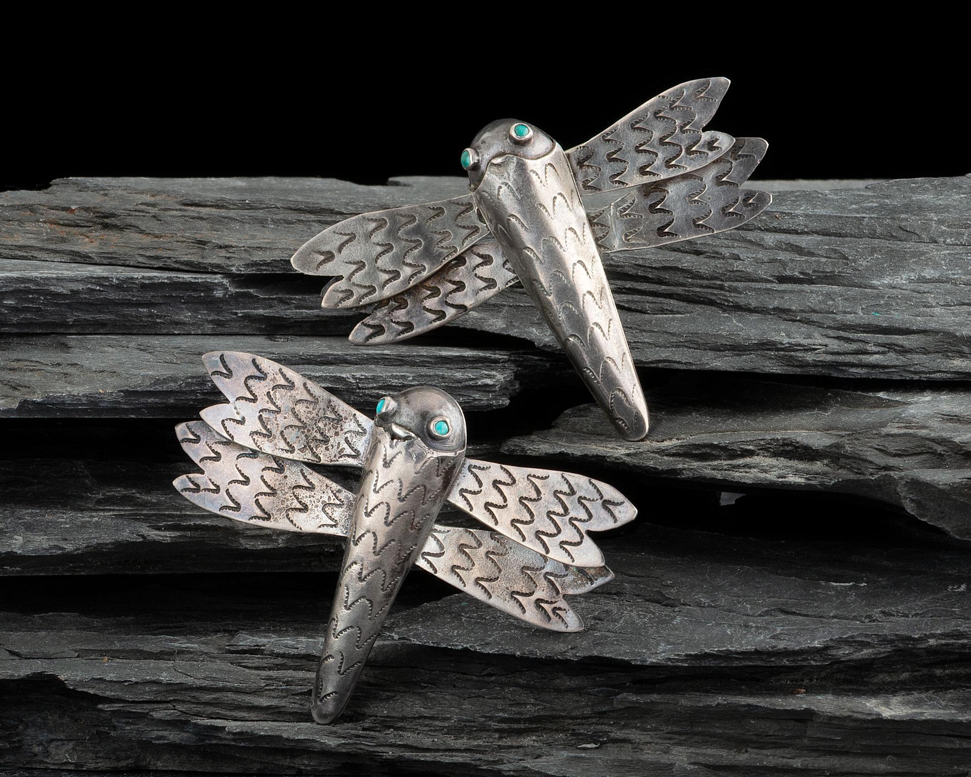 Pair of Navajo Silver and Turquoise Dragonfly Brooches / Pins