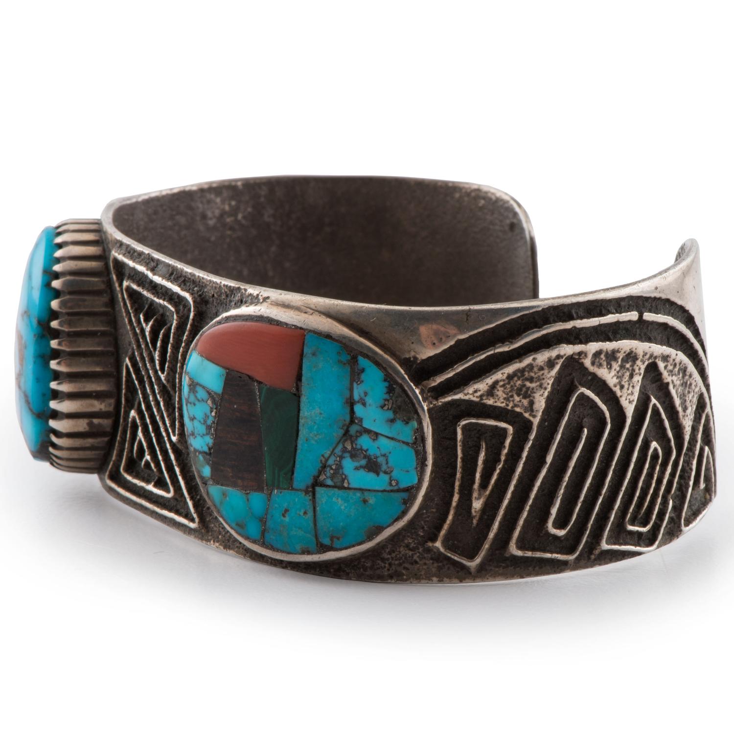 Tufa Cast Silver Cuff Bracelet with Inlay
