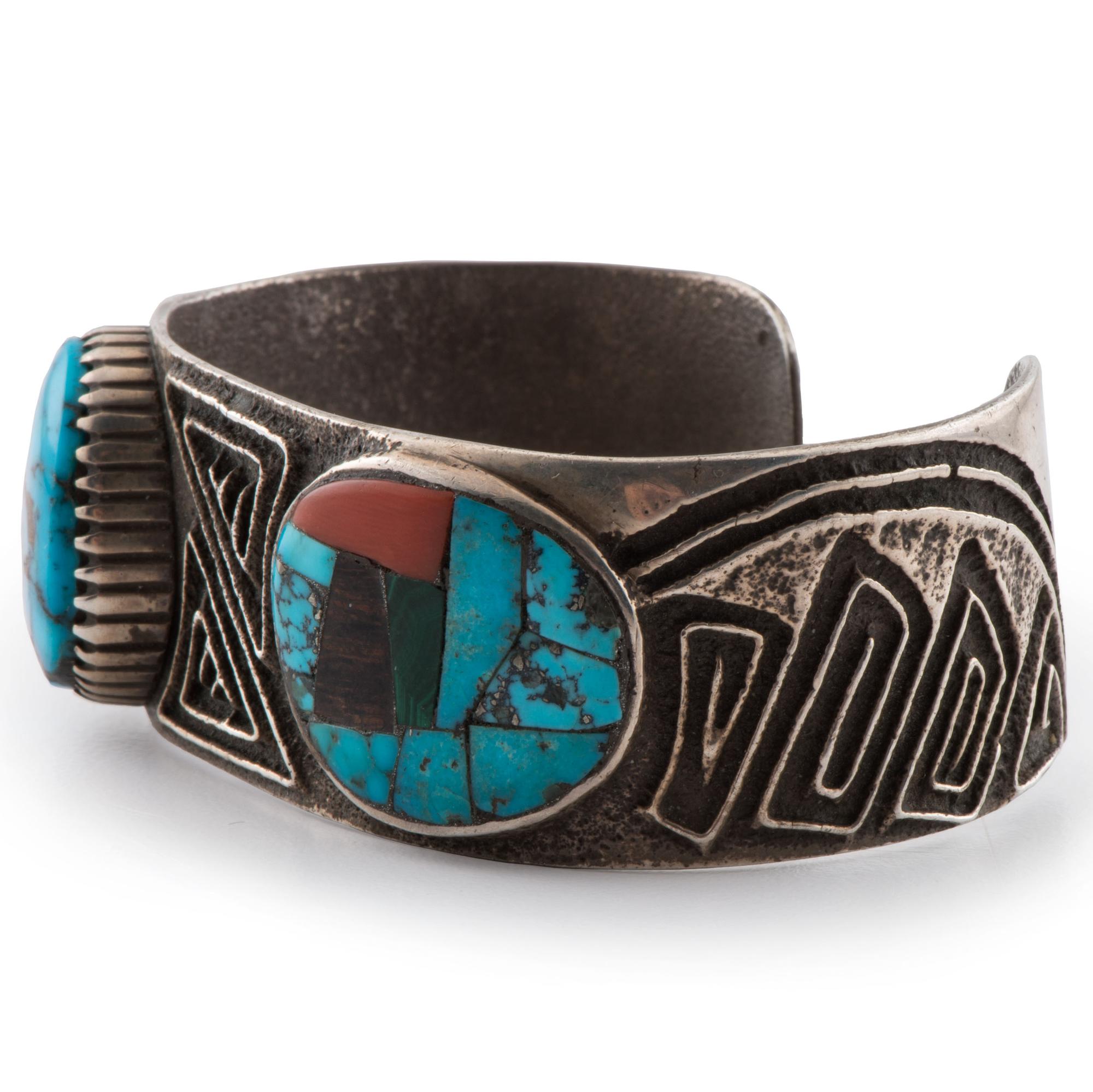 Tufa Cast Silver Cuff Bracelet with Inlay