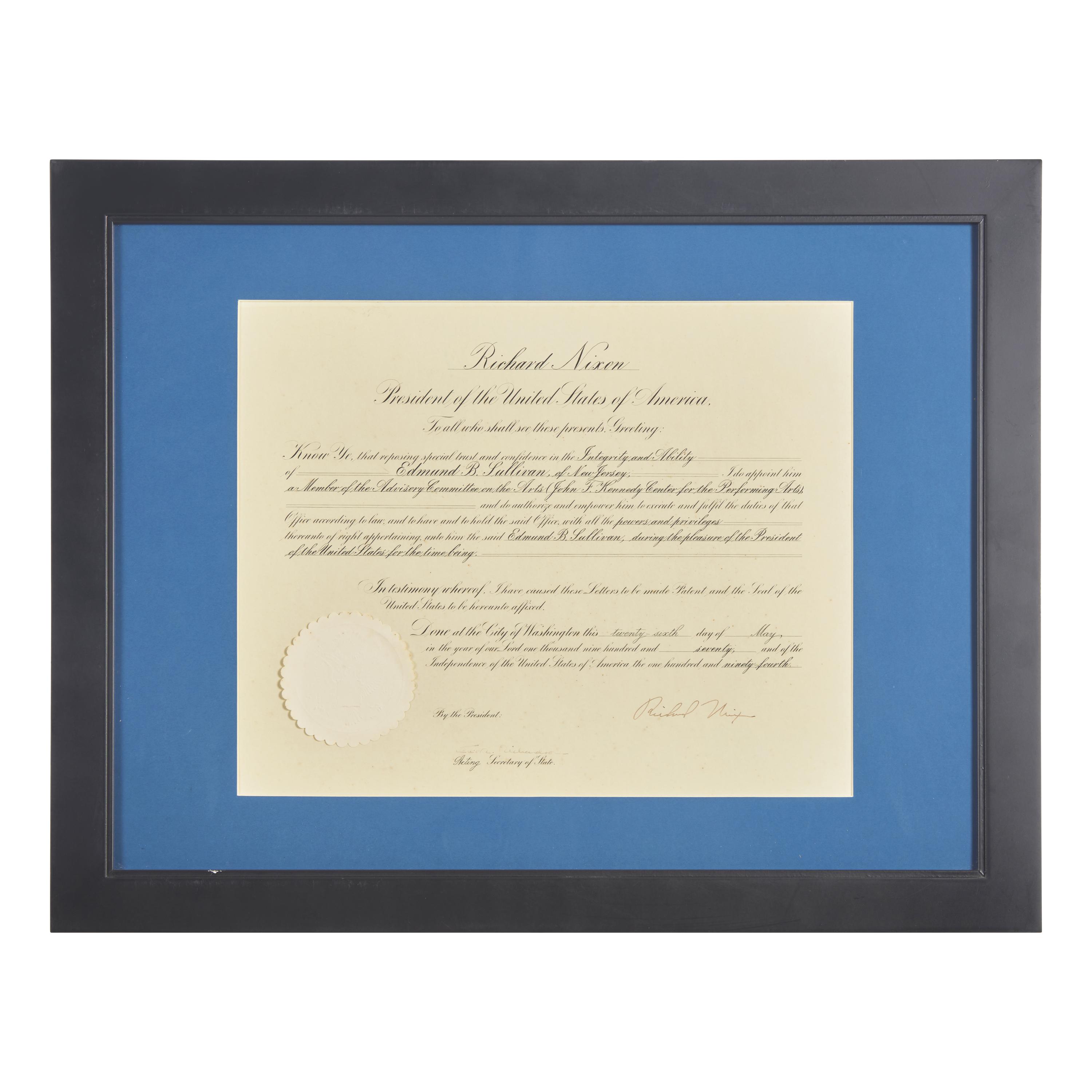 [Presidential] Nixon, Richard. Partially-printed document, signed