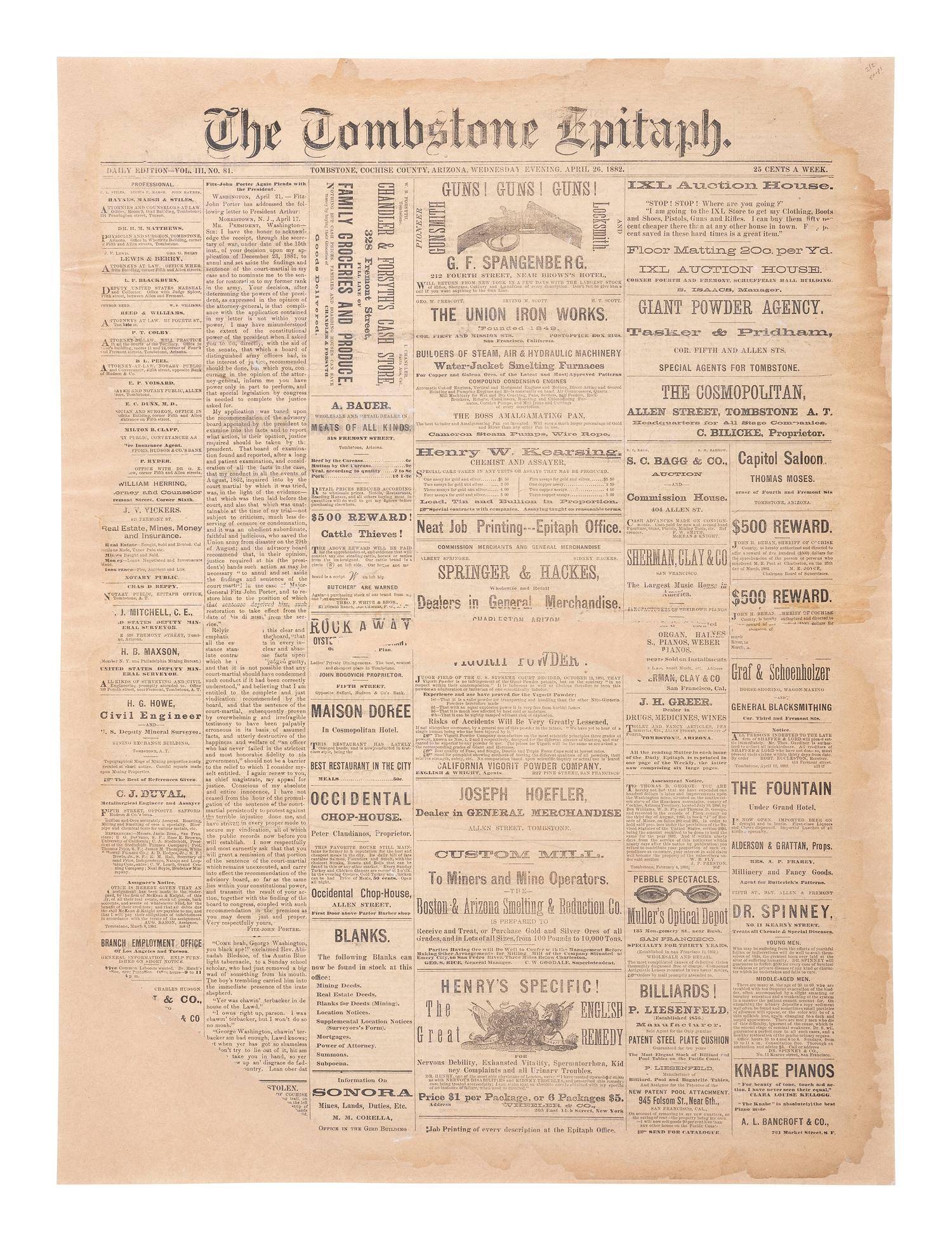 [OUTLAWS & LAWMEN]. The Tombstone Epitaph . Vol. III, No. 81. Tombstone, Arizona Territory: 26 April 1882. Partial issue covering the shooting of Virgil Earp.