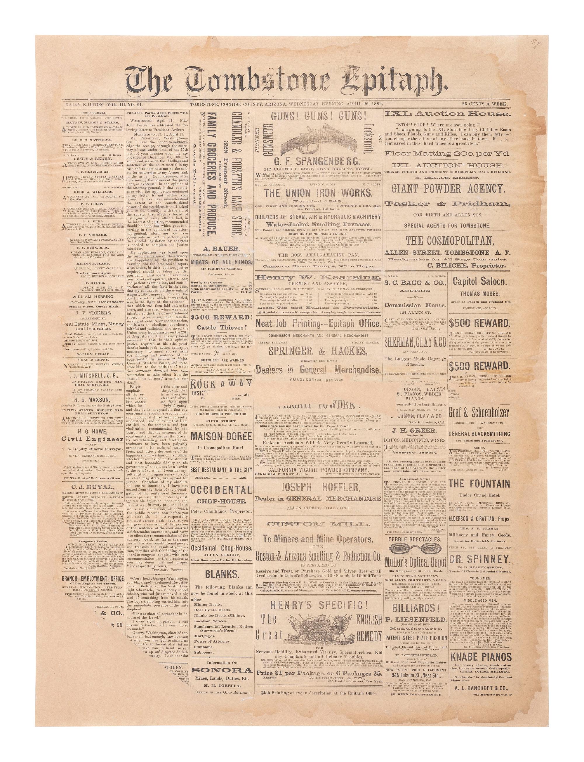[OUTLAWS & LAWMEN]. The Tombstone Epitaph . Vol. III, No. 81. Tombstone, Arizona Territory: 26 April 1882. Partial issue covering the shooting of Virgil Earp.