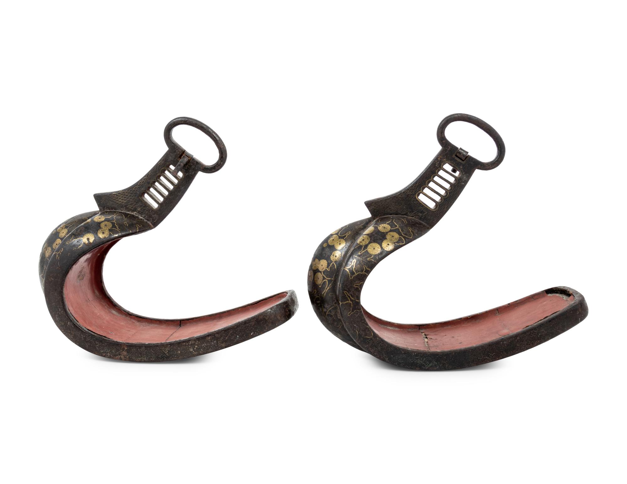 A Pair of Japanese Gold Inlaid Bronze Stirrups