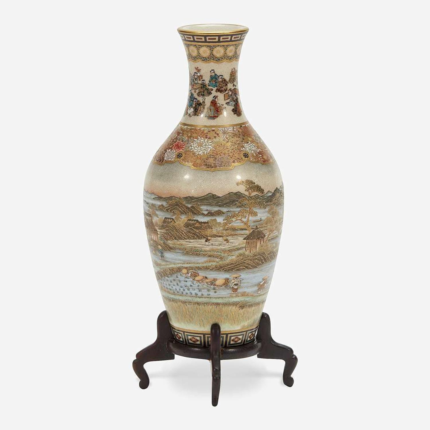 A Japanese Satsuma-type enameled pottery cabinet vase with wood stand, Yabu Meizan Meiji period