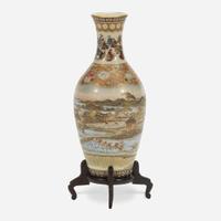 A Japanese Satsuma-type enameled pottery cabinet vase with wood stand, Yabu Meizan Meiji period