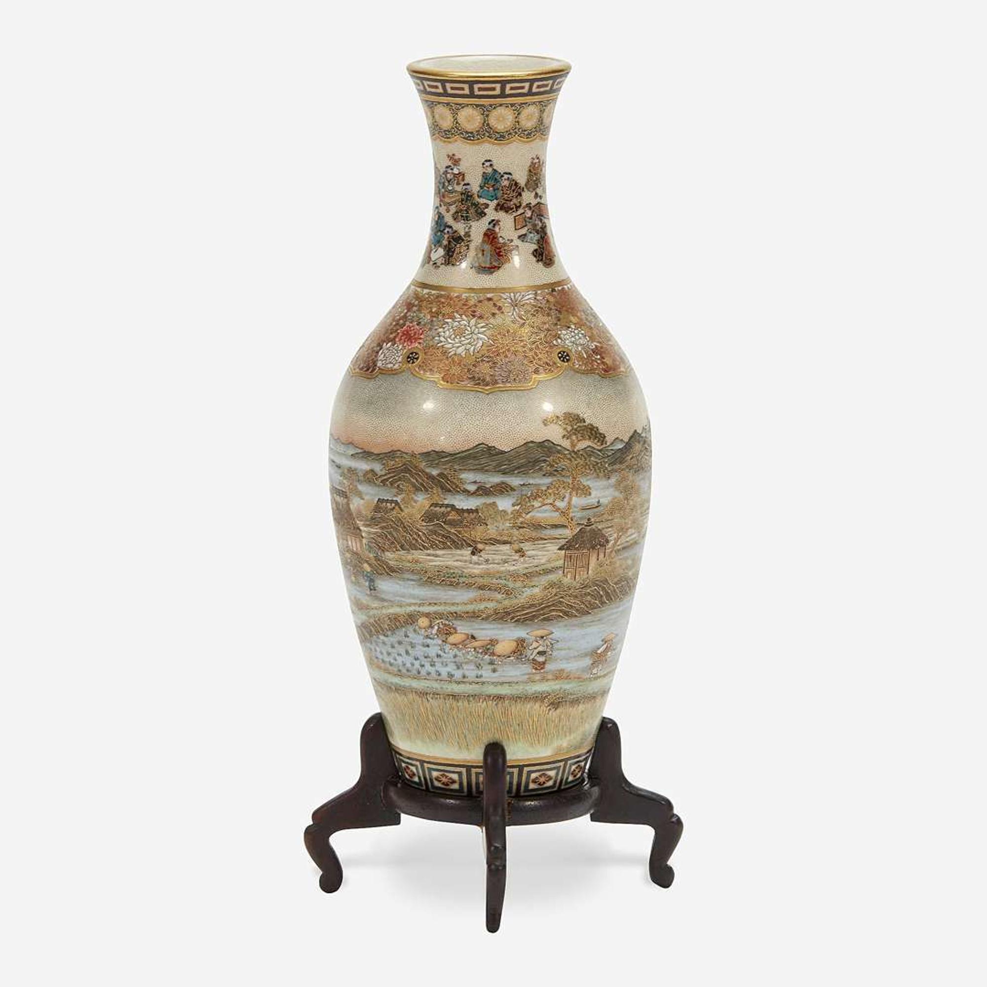 A Japanese Satsuma-type enameled pottery cabinet vase with wood stand, Yabu Meizan Meiji period
