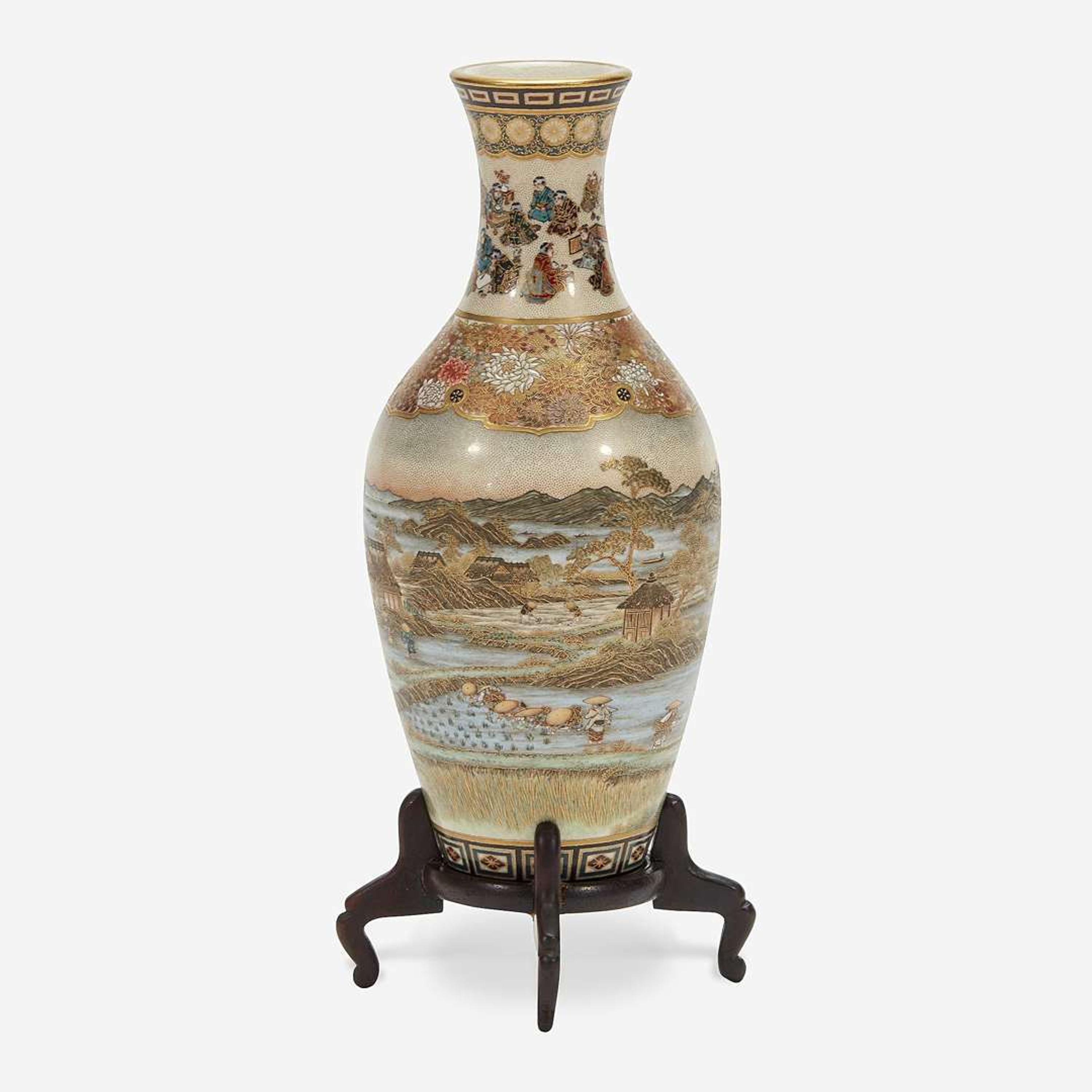 A Japanese Satsuma-type enameled pottery cabinet vase with wood stand, Yabu Meizan Meiji period