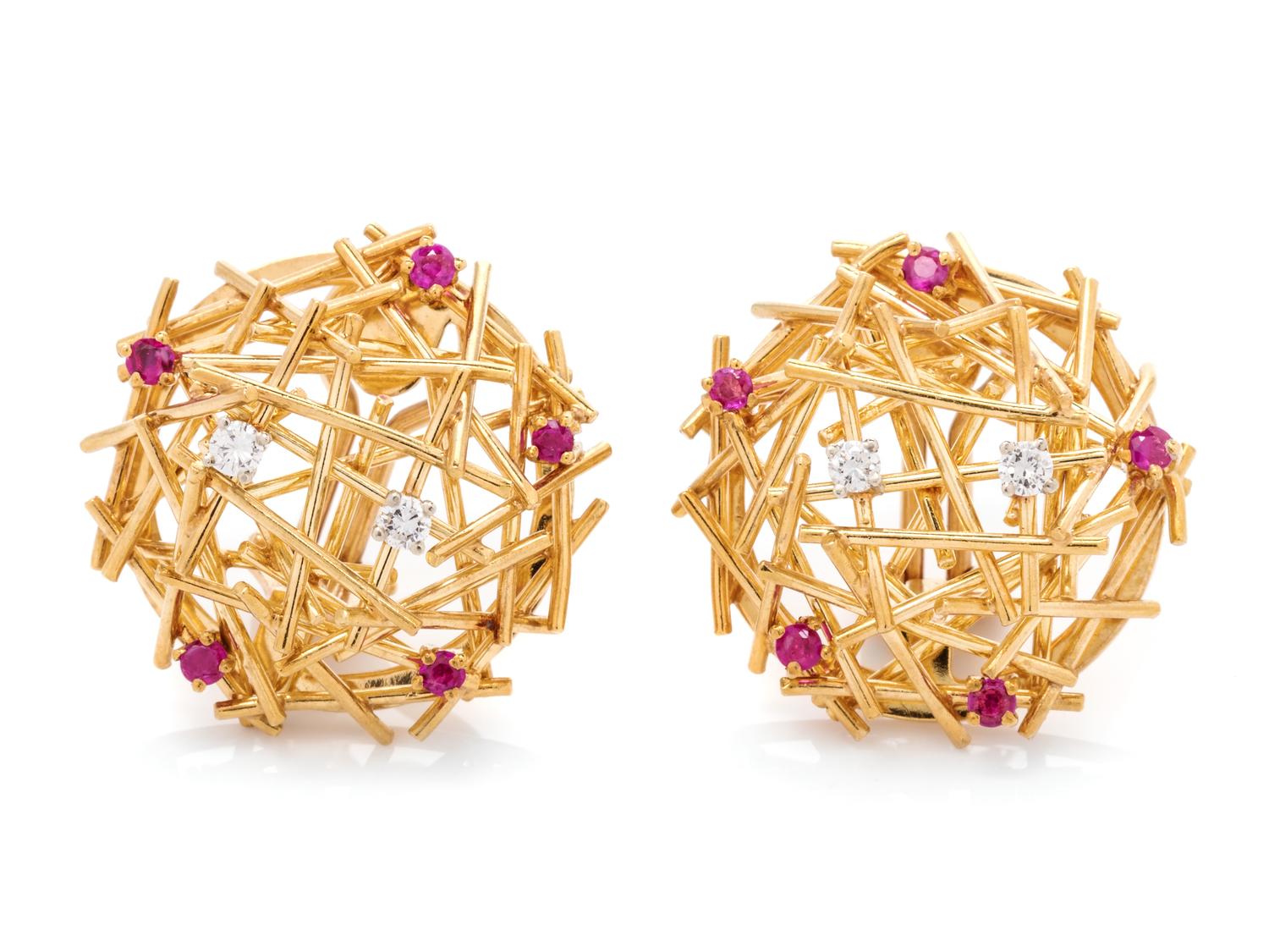 A Pair of 18 Karat Yellow Gold, Diamond and Ruby Earclips, Italian,