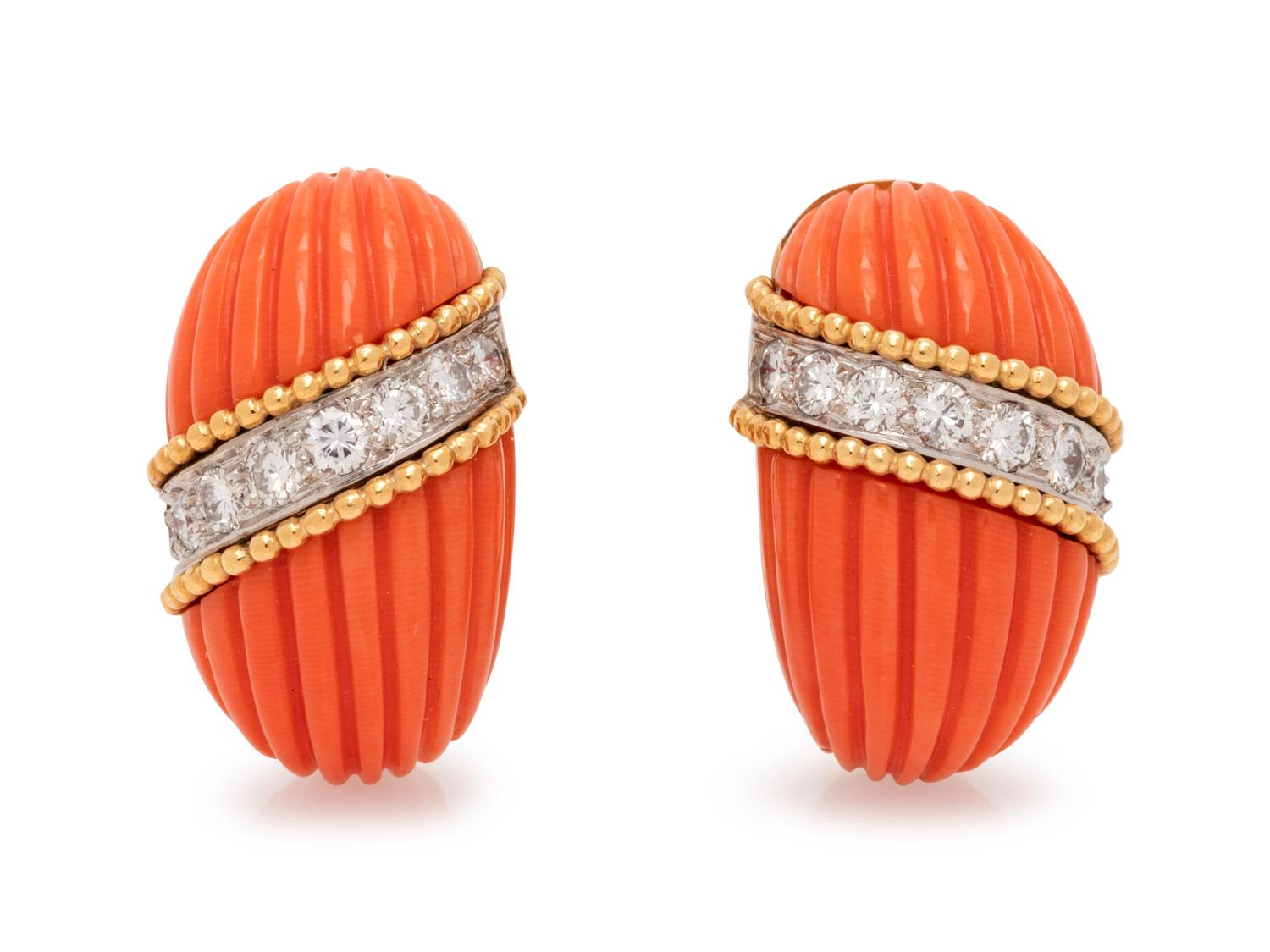Van Cleef & Arpels, Diamond and Coral Earclips