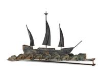 A Folk Art Painted Sheet Iron Three-Mast Ship with Waves