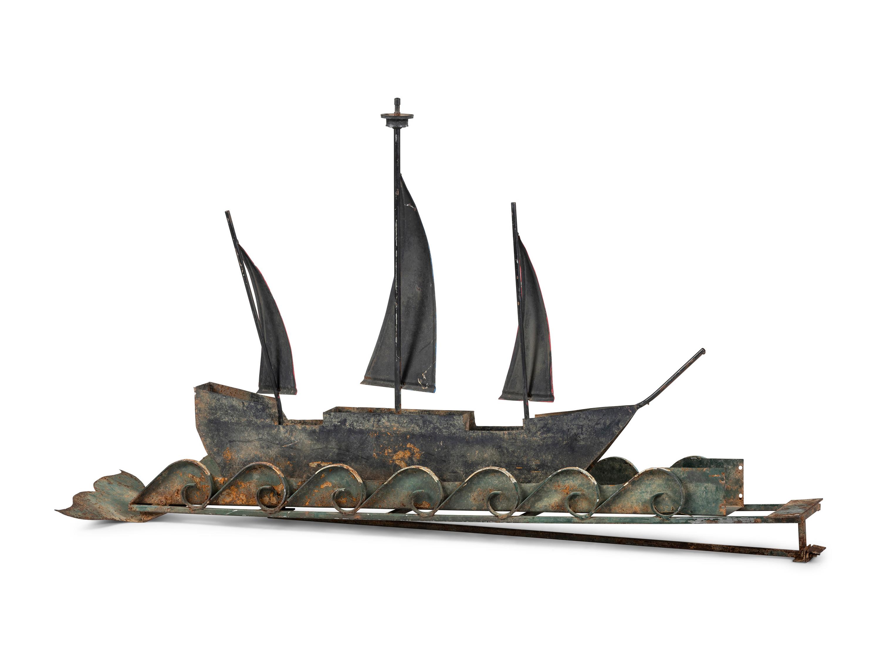 A Folk Art Painted Sheet Iron Three-Mast Ship with Waves