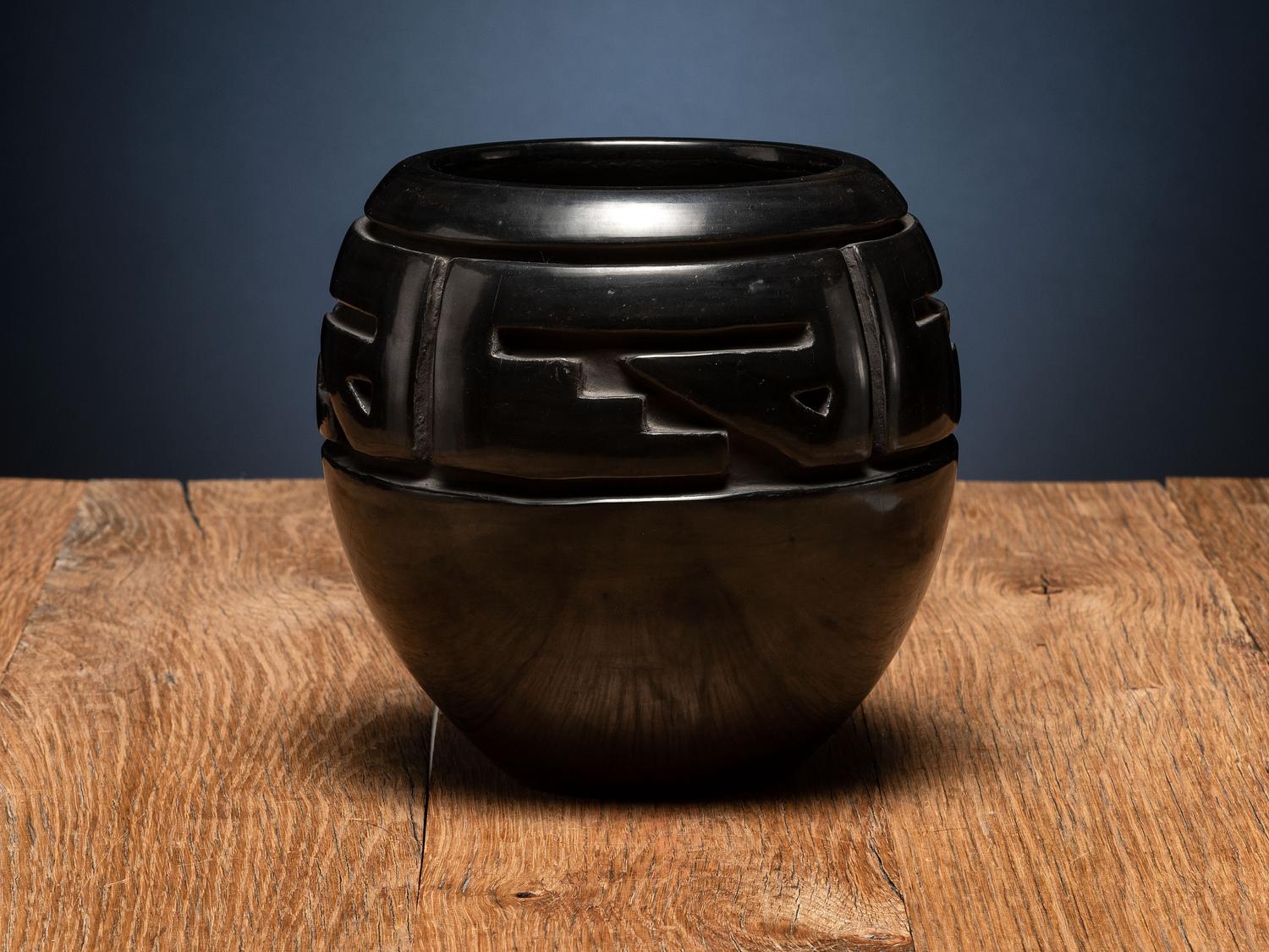 Deeply Carved Blackware Pottery Jar