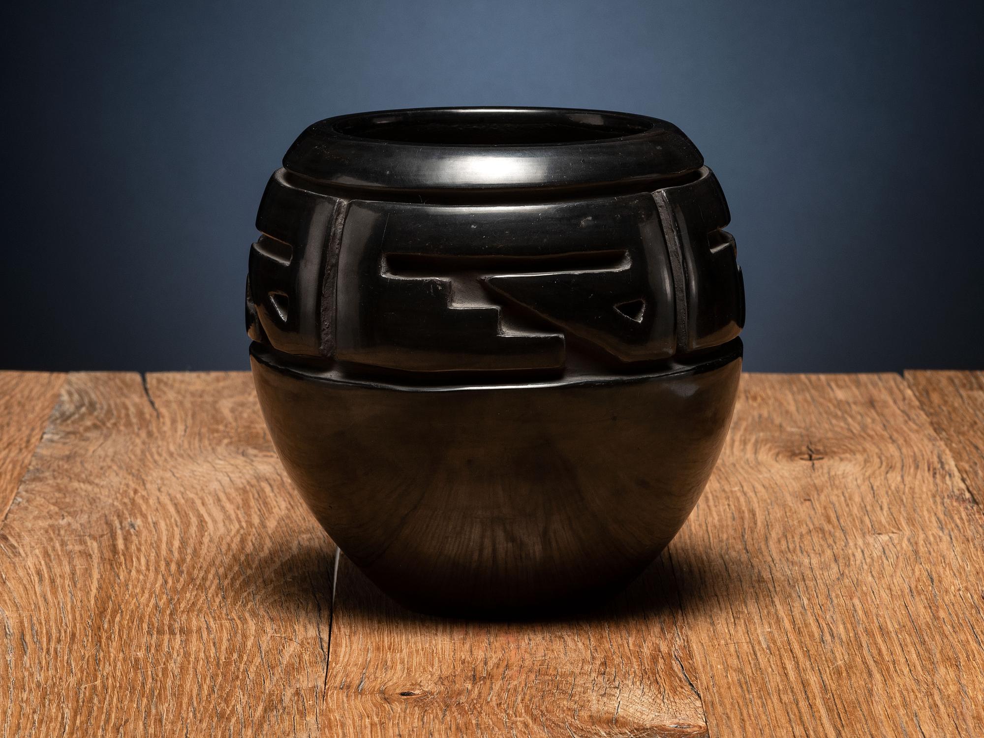 Deeply Carved Blackware Pottery Jar