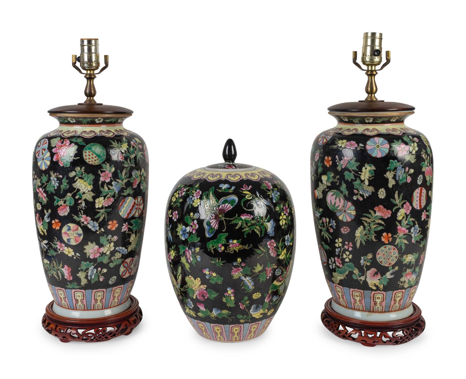 A Pair of Chinese Famille Noir Porcelain Vases Mounted as Lamps — 20TH CENTURY