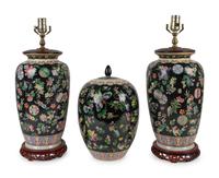 A Pair of Chinese Famille Noir Porcelain Vases Mounted as Lamps — 20TH CENTURY