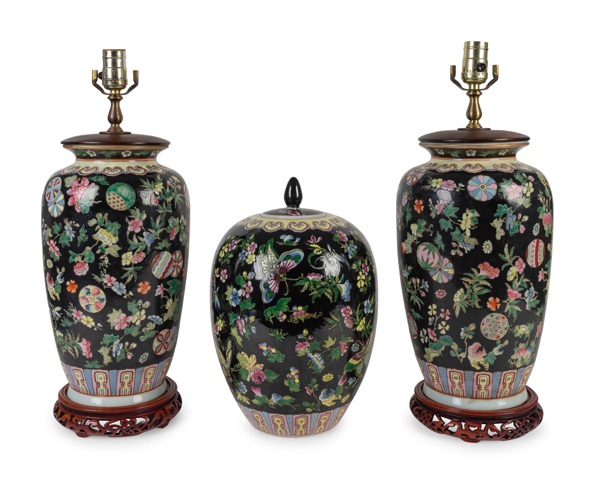 A Pair of Chinese Famille Noir Porcelain Vases Mounted as Lamps — 20TH CENTURY