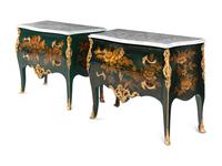 A Pair of Louis XV Style Gilt Bronze Mounted Painted Commodes