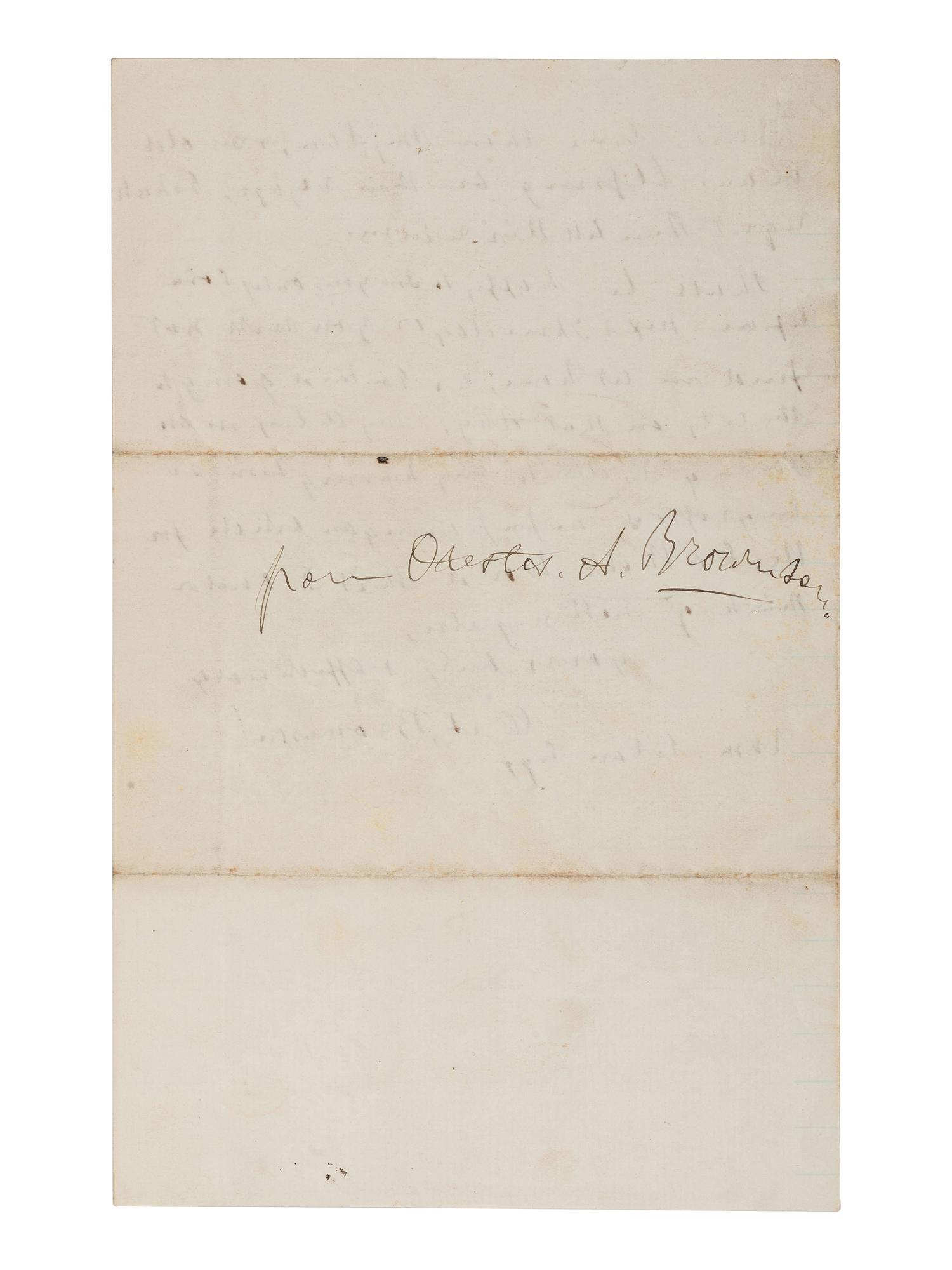 BROWNSON, Orestes A. (1803-1876). Autograph letter signed ("O. A. Brownson"). 8 April 1871.
