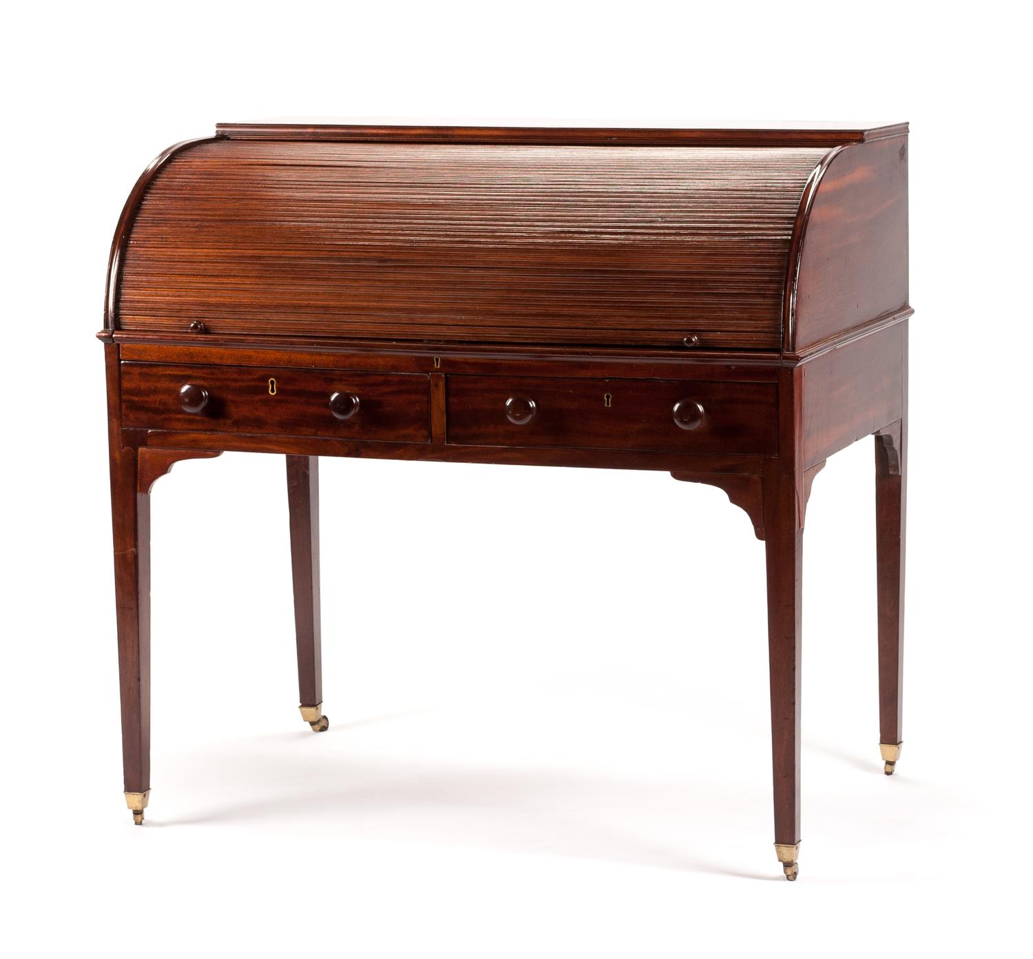 A Georgian Style Mahogany Cylinder Desk Height 42 x width 42 1/4 x depth 28 1/2 inches. — LATE 19TH/EARLY 20TH CENTURY