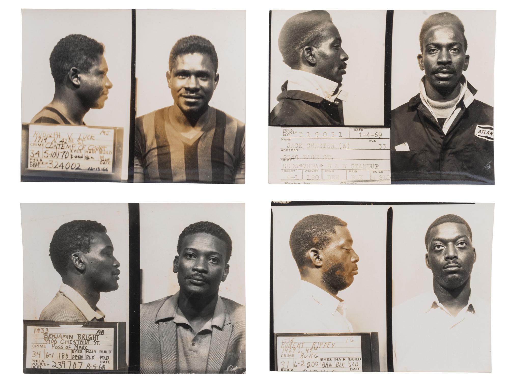 [CRIME & PUNISHMENT]. A group of 8 mugshots of African American men, some identified. Philadelphia, PA, ca 1950s-1960s.