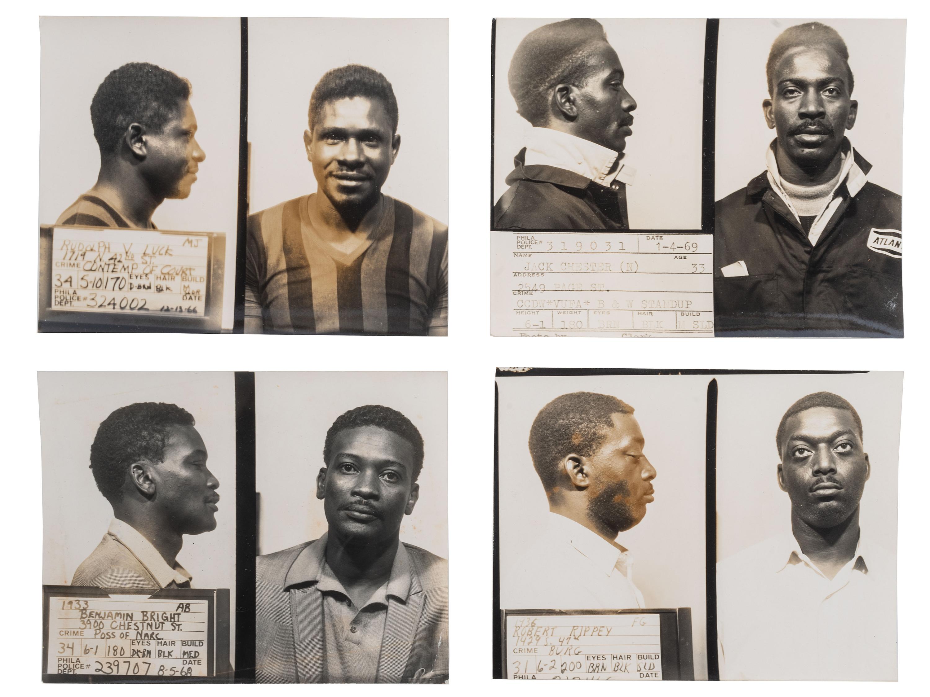 [CRIME & PUNISHMENT]. A group of 8 mugshots of African American men, some identified. Philadelphia, PA, ca 1950s-1960s.