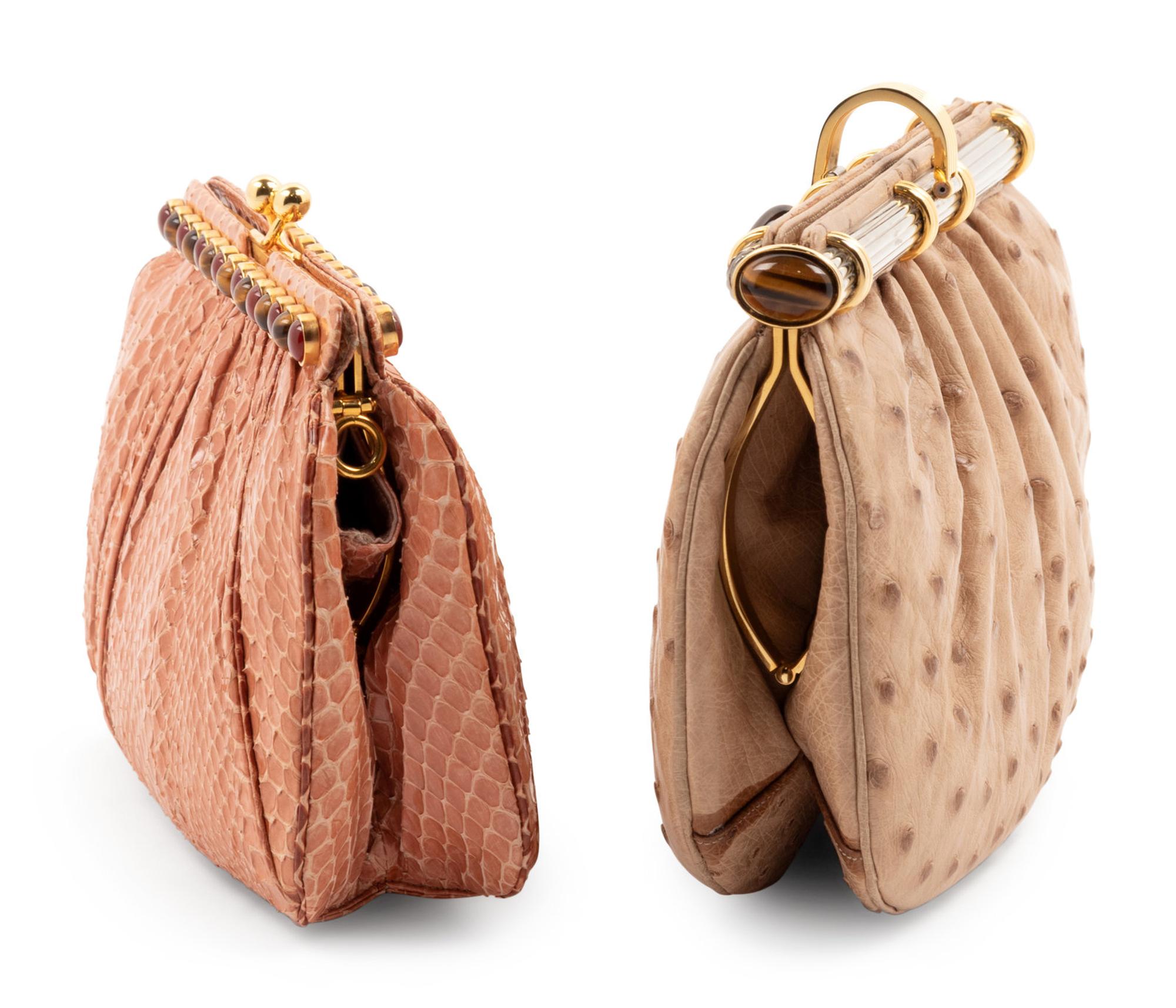 Two Judith Leiber Pouch Fame Bags; One Ostrich, One Snakeskin
