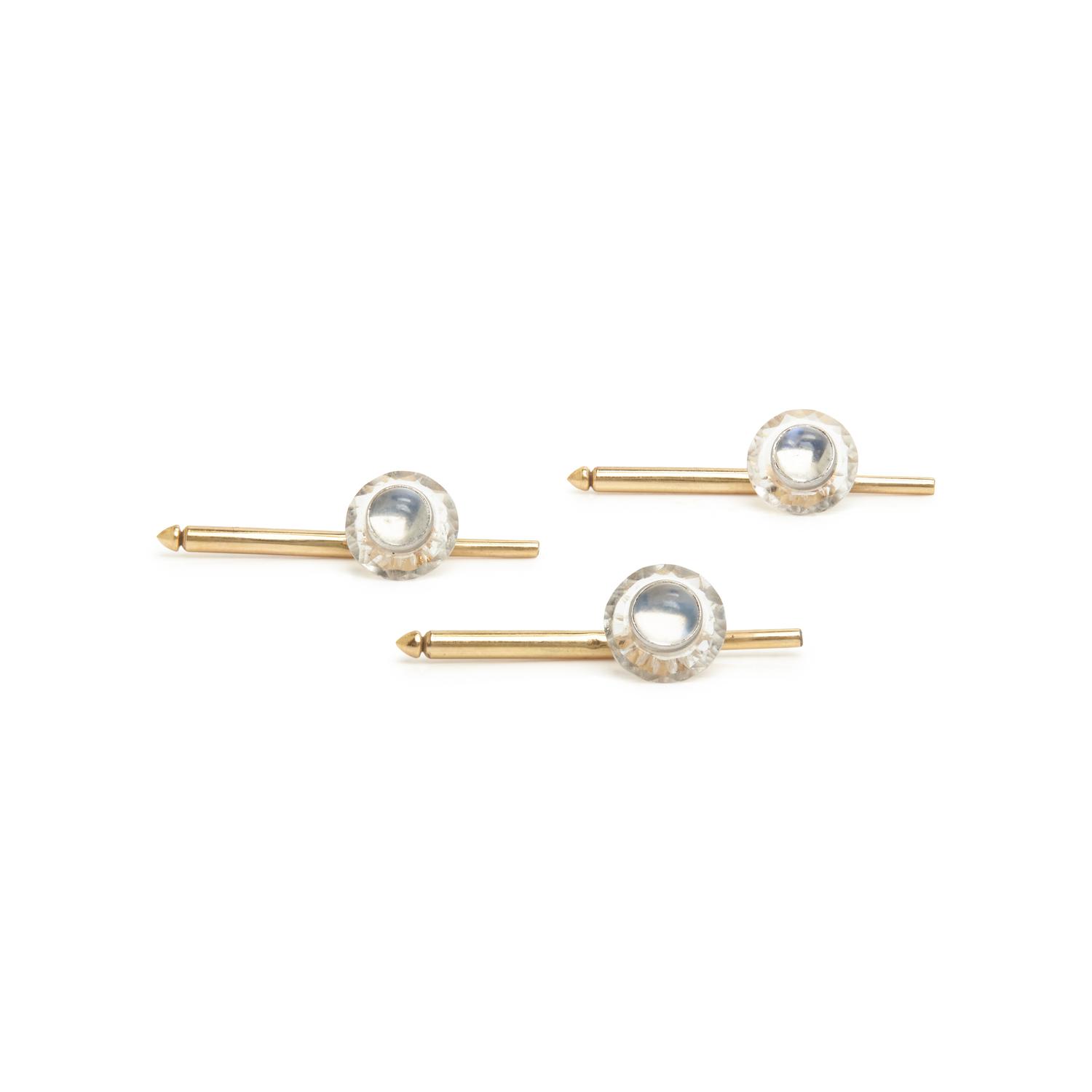 ART DECO, BICOLOR GOLD, MOONSTONE AND ROCK CRYSTAL DRESS SET