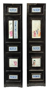 Two Chinese Porcelain Inset Hardwood Wall Panels