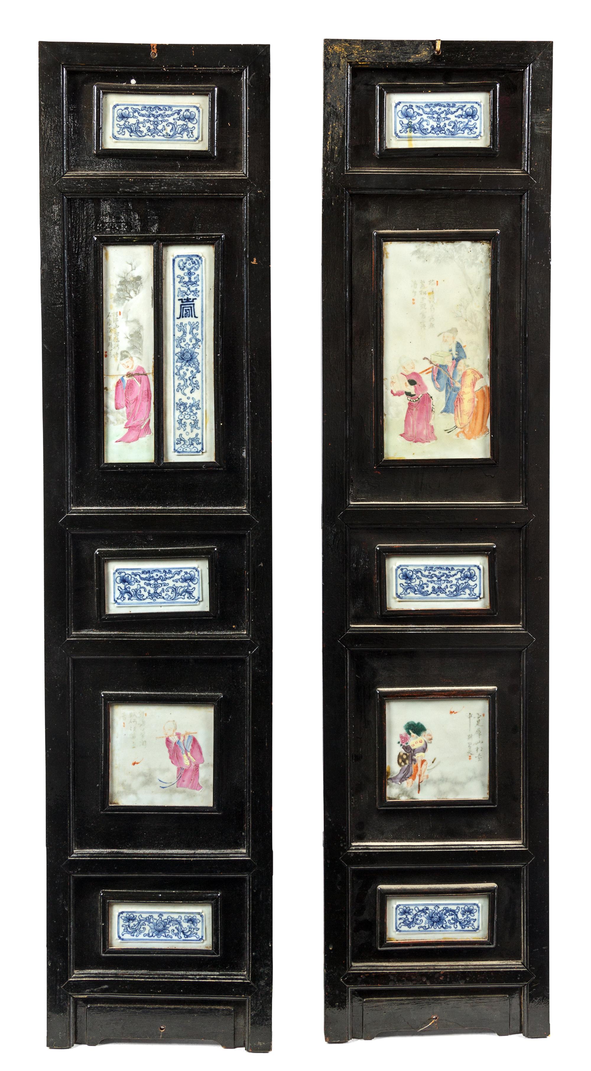 Two Chinese Porcelain Inset Hardwood Wall Panels