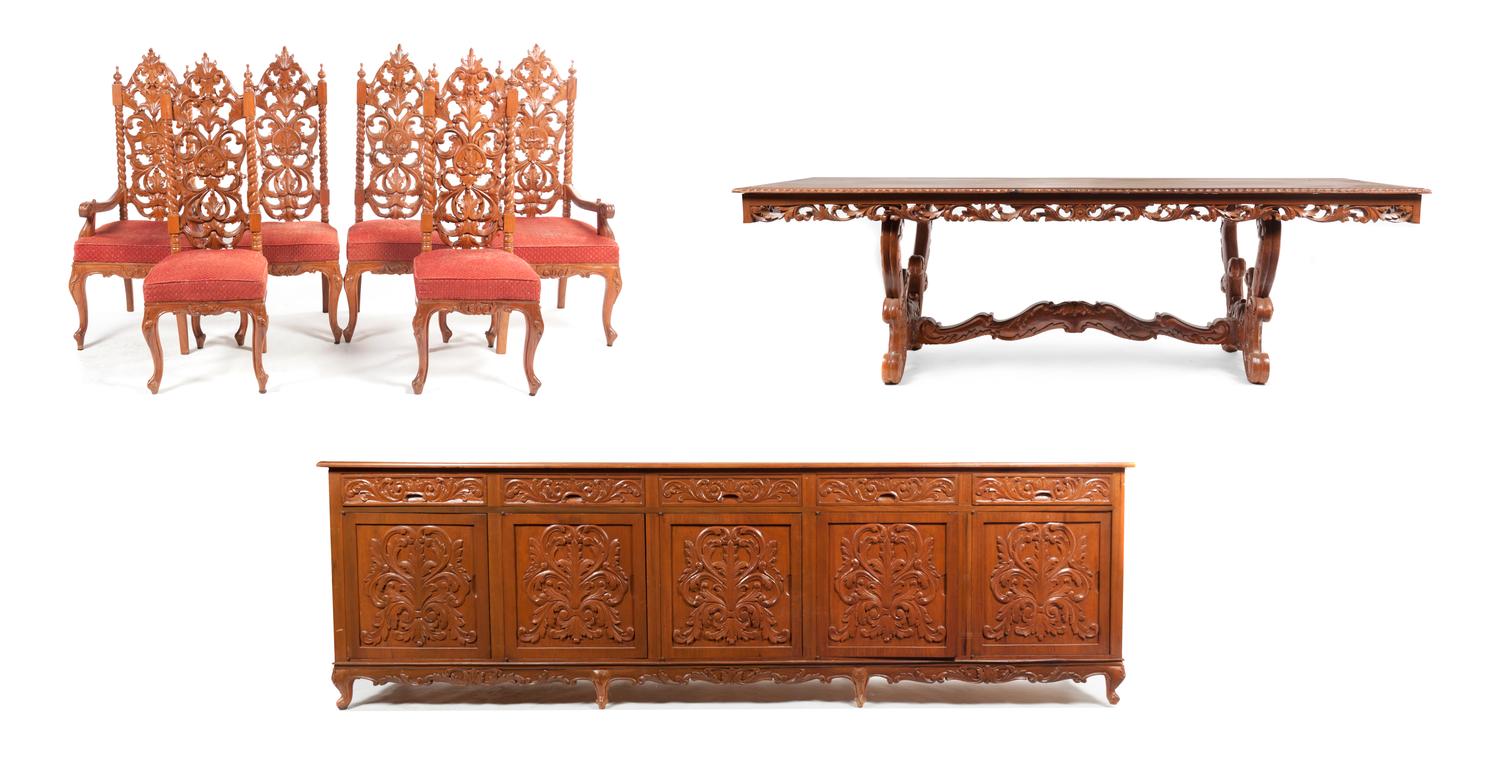 A Philippino Carved Mahogany Dining Suite, Height of tallest 52 inches.