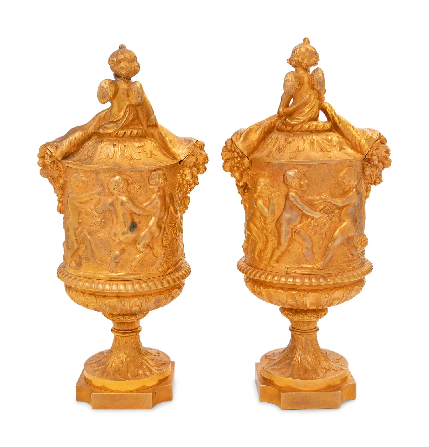 A Pair of Louis XV Style Gilt Bronze Covered Cache Pots