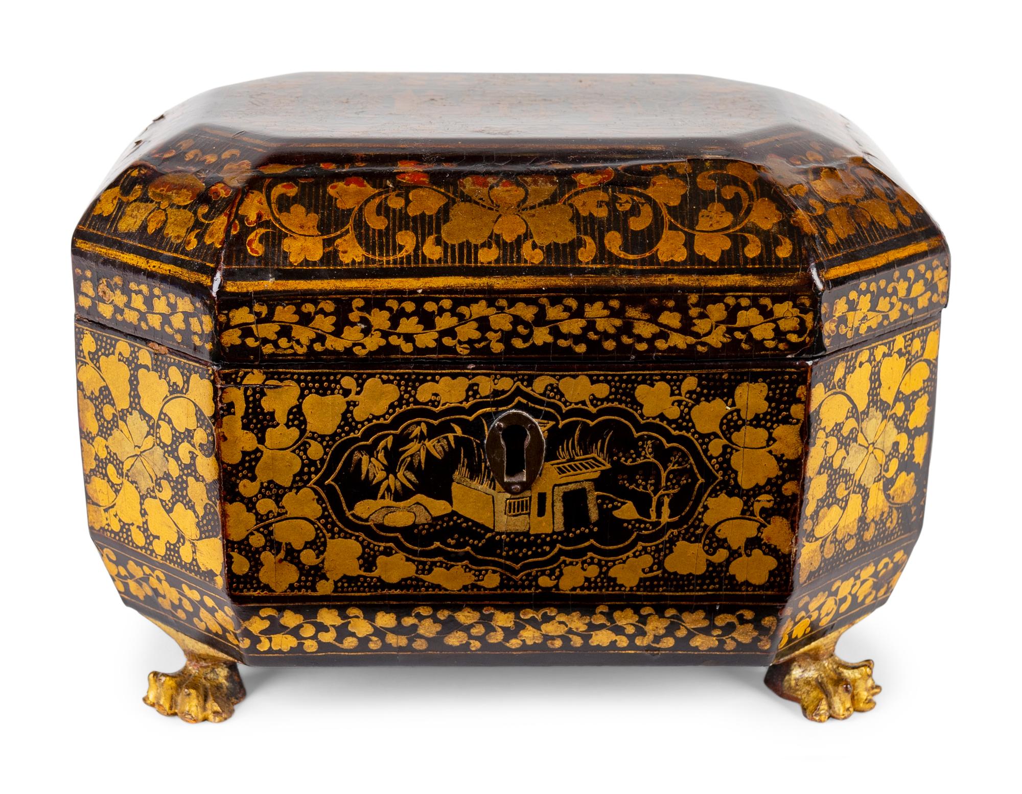 A Chinese Export Black and Gilt Lacquer Tea Caddy — 19TH CENTURY