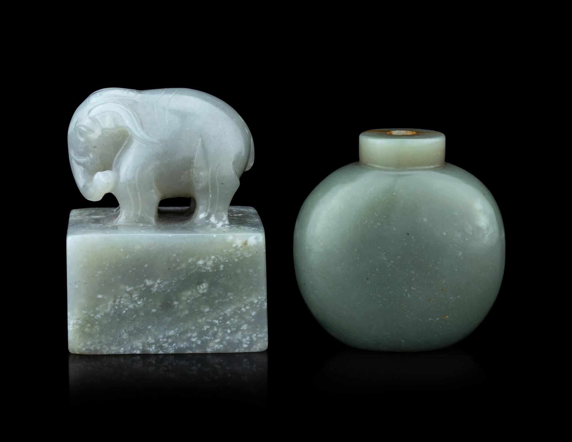 A Chinese Celadon Jade Seal and a Celadon Jade Snuff Bottle