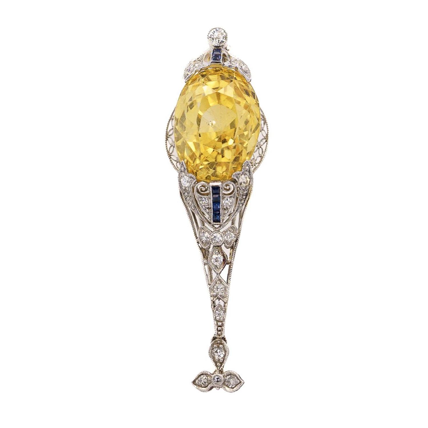 EDWARDIAN YELLOW SAPPHIRE, DIAMOND, AND SAPPHIRE PENDANT