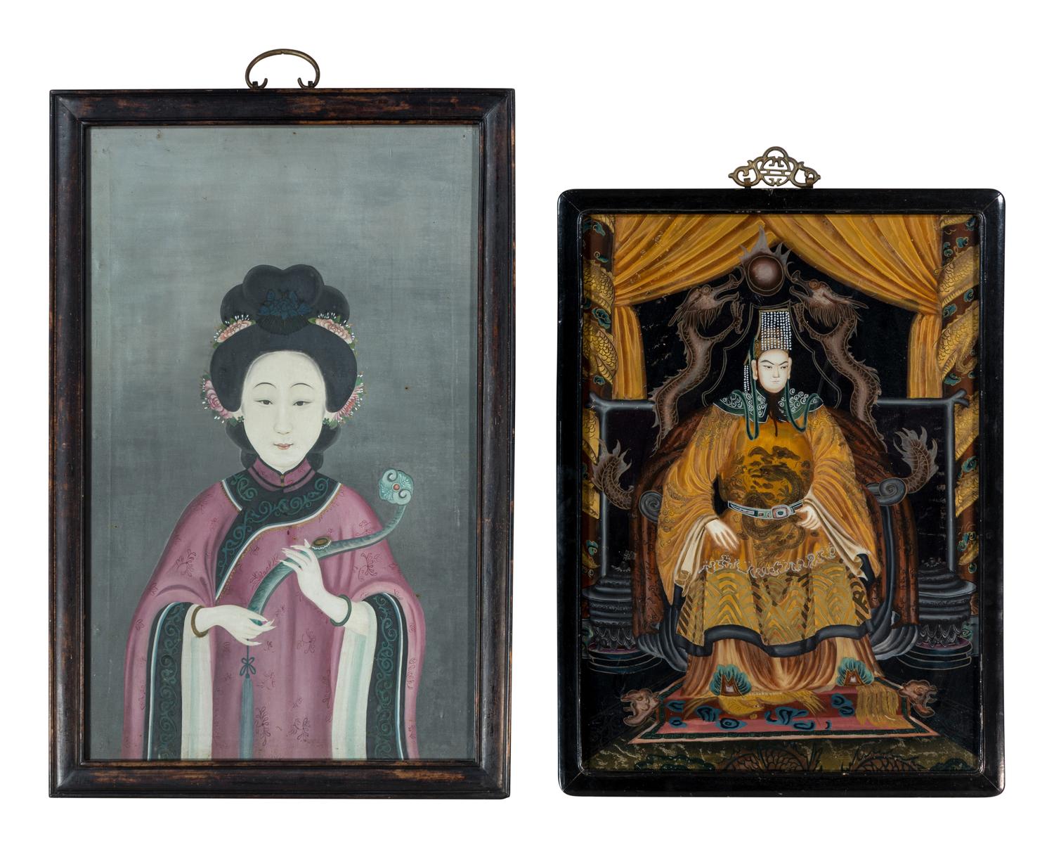 Two Chinese Reverse-Painted Glass Pictures