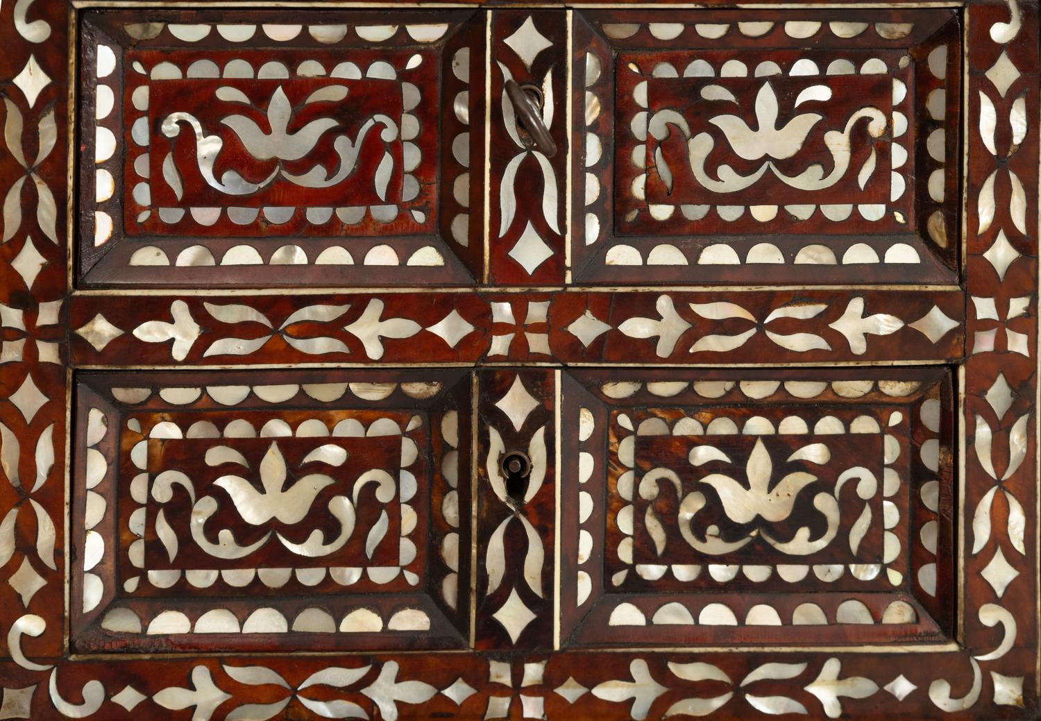 A South American Colonial Tortoiseshell and Mother-of-Pearl Inlaid Tabernacle Cabinet