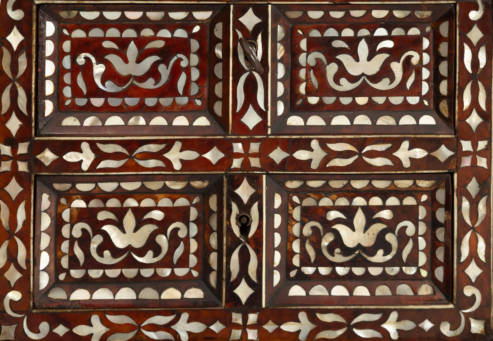 A South American Colonial Tortoiseshell and Mother-of-Pearl Inlaid Tabernacle Cabinet