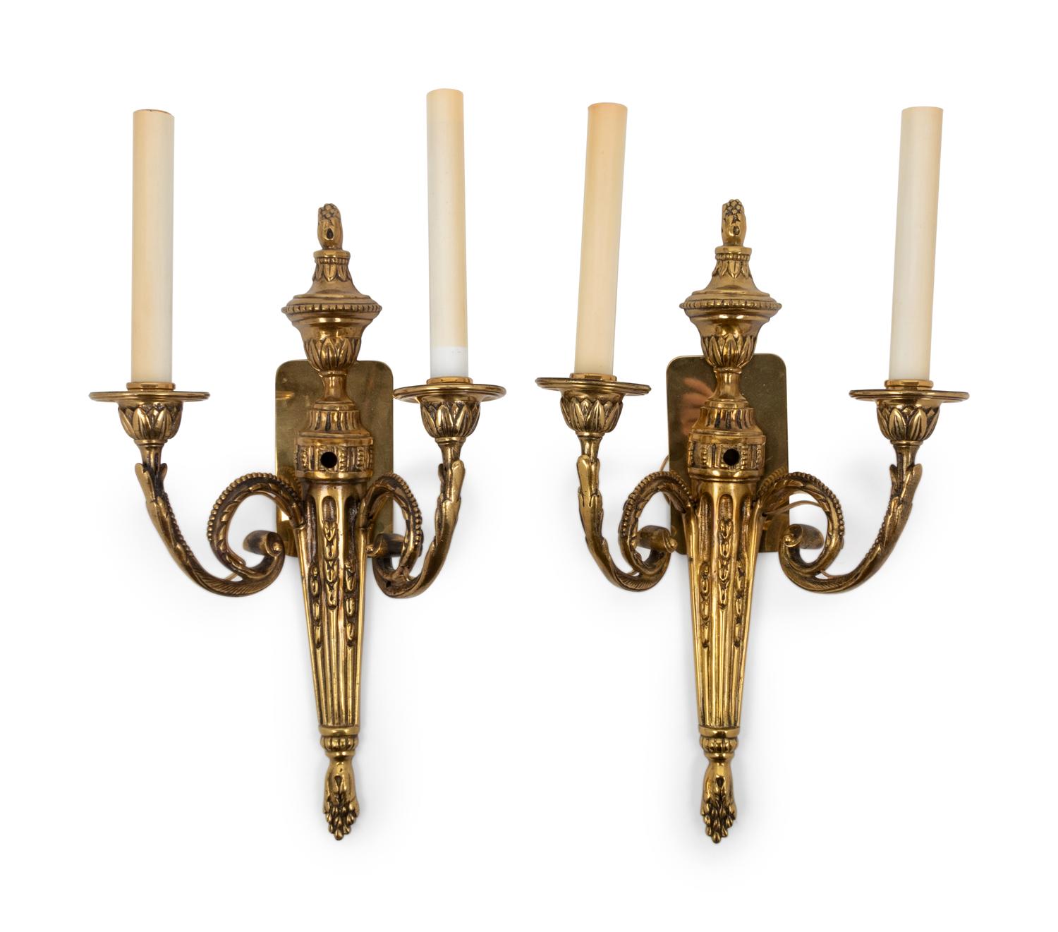 A Pair of Louis XVI Style Gilt Bronze Two-Light Wall Sconces