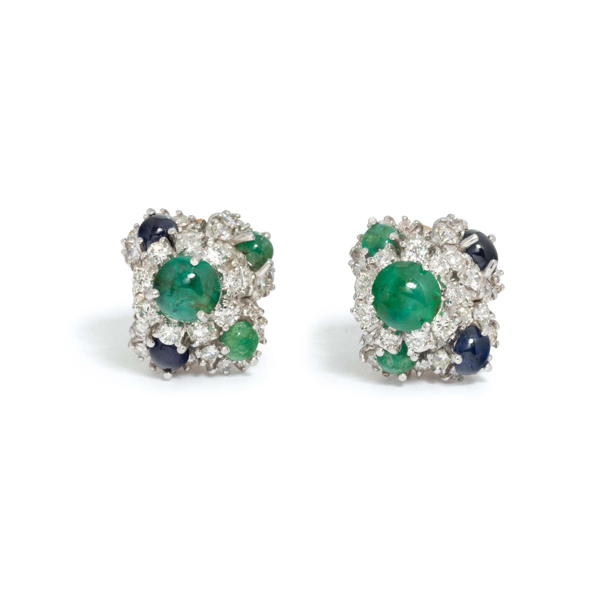 EMERALD, SAPPHIRE AND DIAMOND EARCLIPS