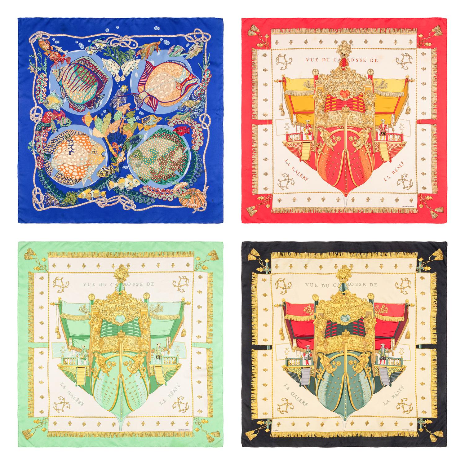 Hermès, Four Printed Silk Scarves