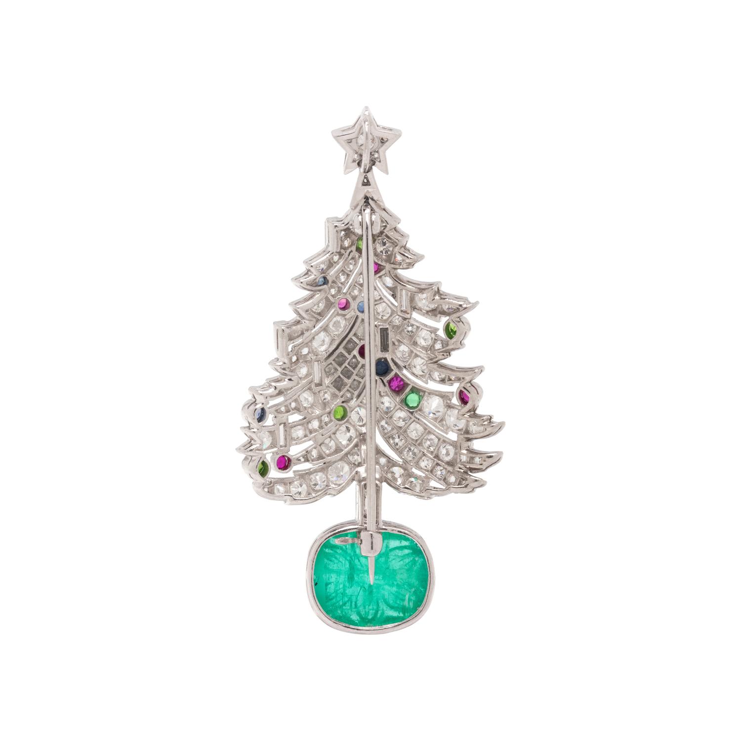 ART DECO, DIAMOND, EMERALD AND MULTIGEM CHRISTMAS TREE BROOCH