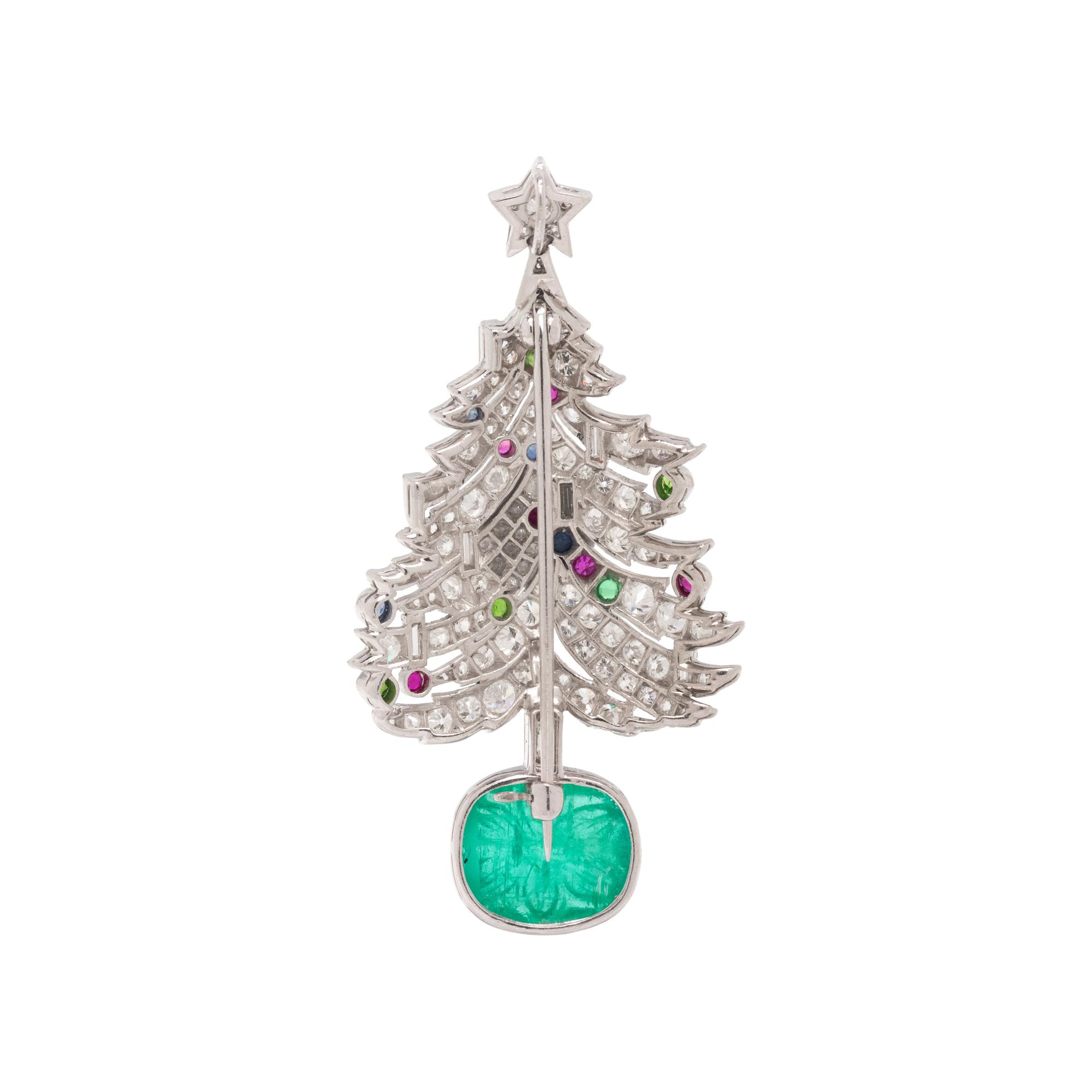 ART DECO, DIAMOND, EMERALD AND MULTIGEM CHRISTMAS TREE BROOCH