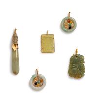 A Collection of Yellow Gold and Jade Pendants,