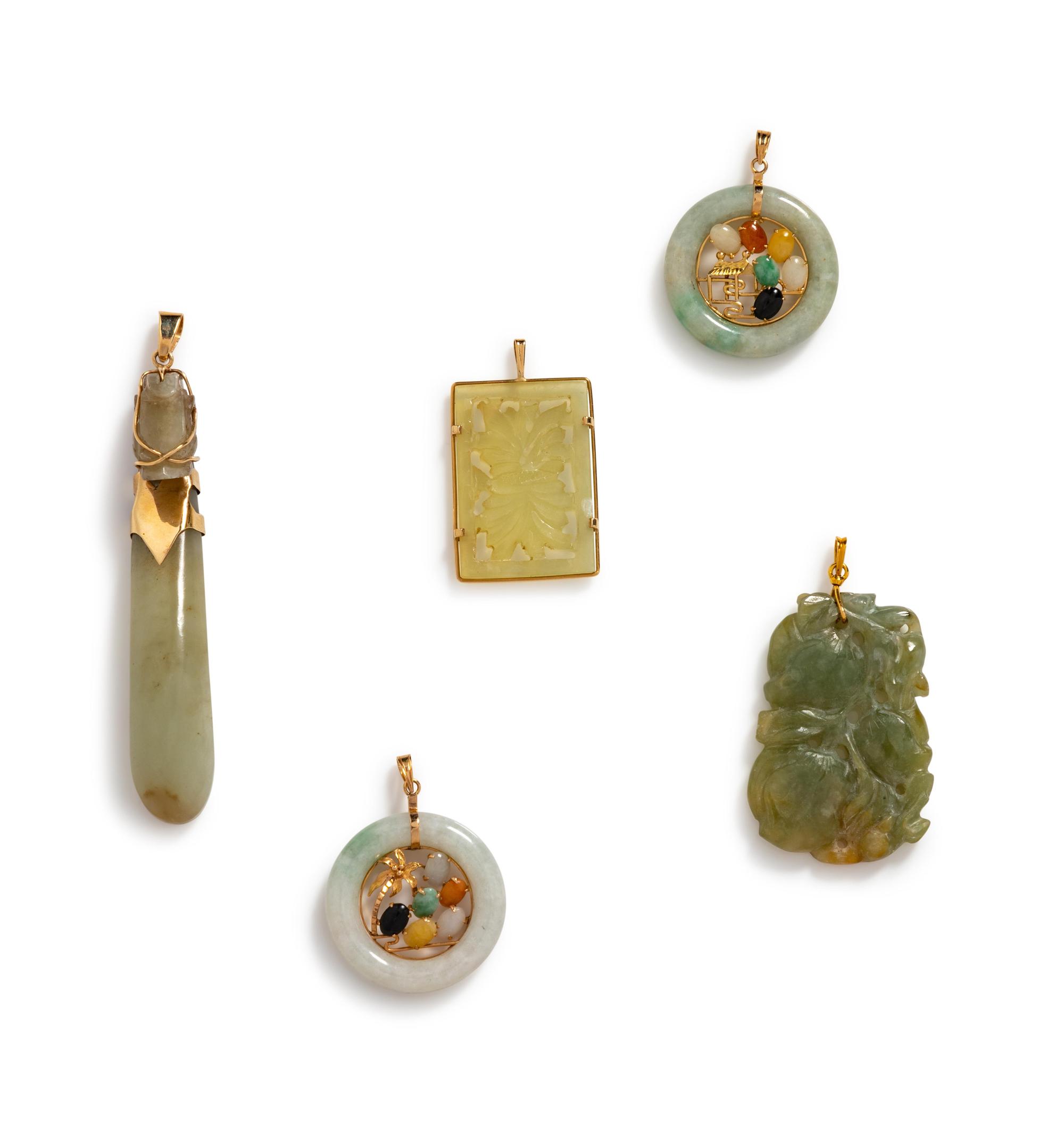 A Collection of Yellow Gold and Jade Pendants,