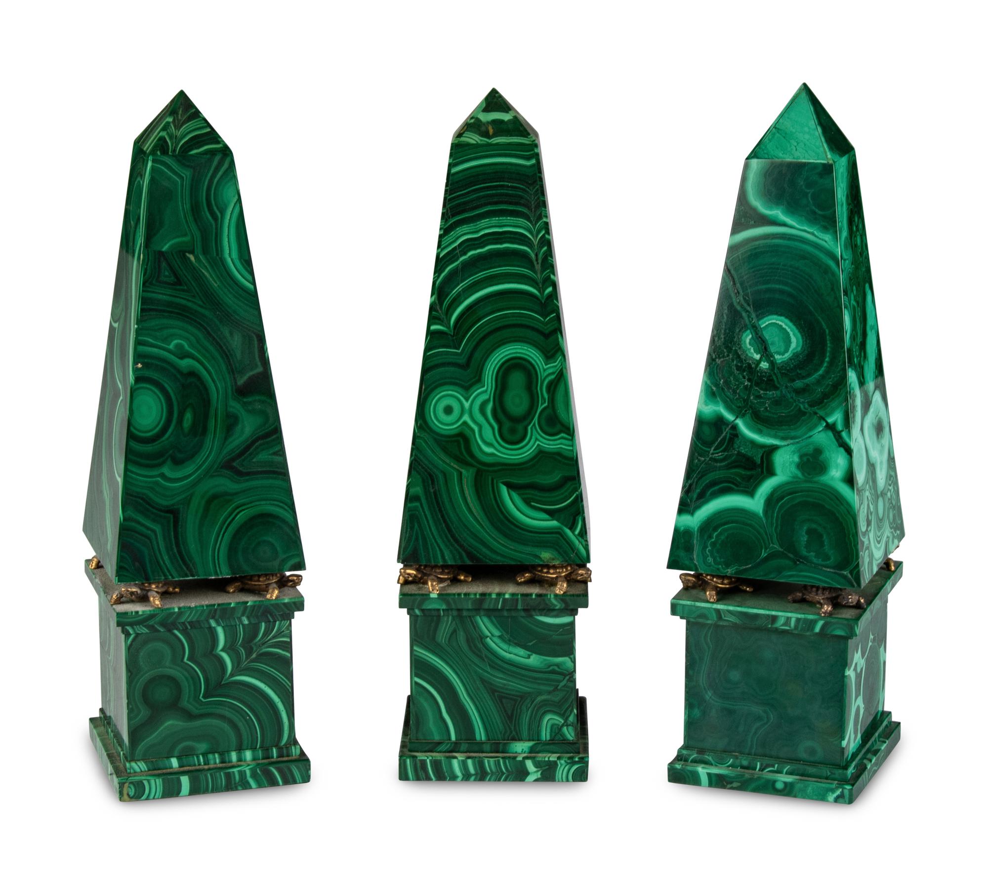 A Set of Three Malachite Obelisks