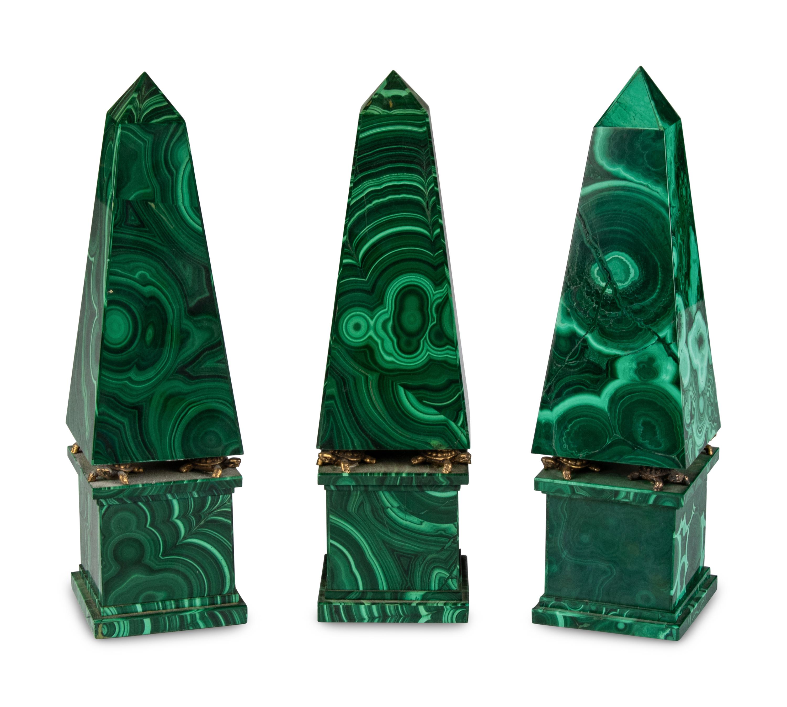 A Set of Three Malachite Obelisks