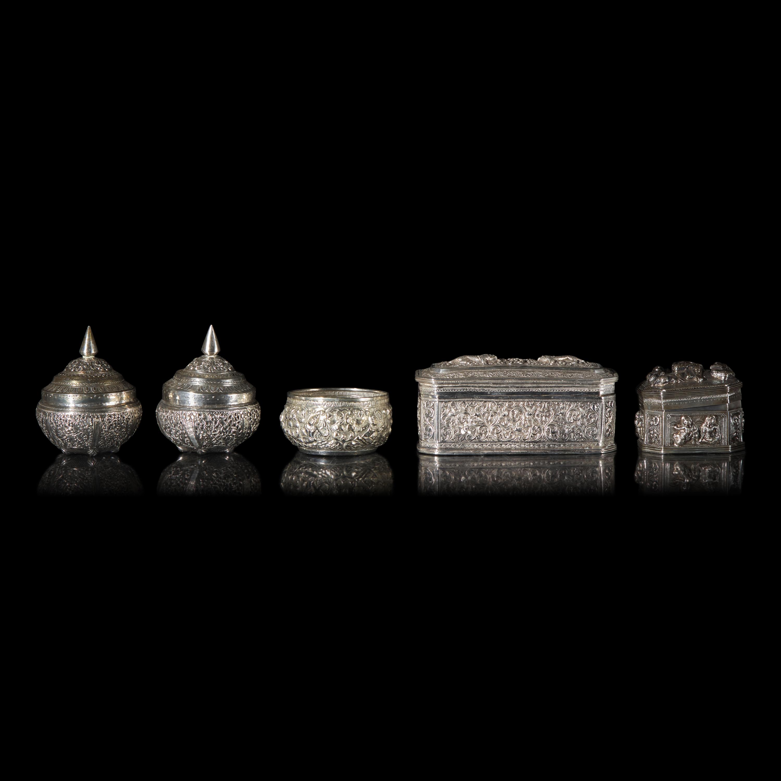 Two Burmese Silver Boxes, a Metal Bowl, and Two Silver Covered Vessels