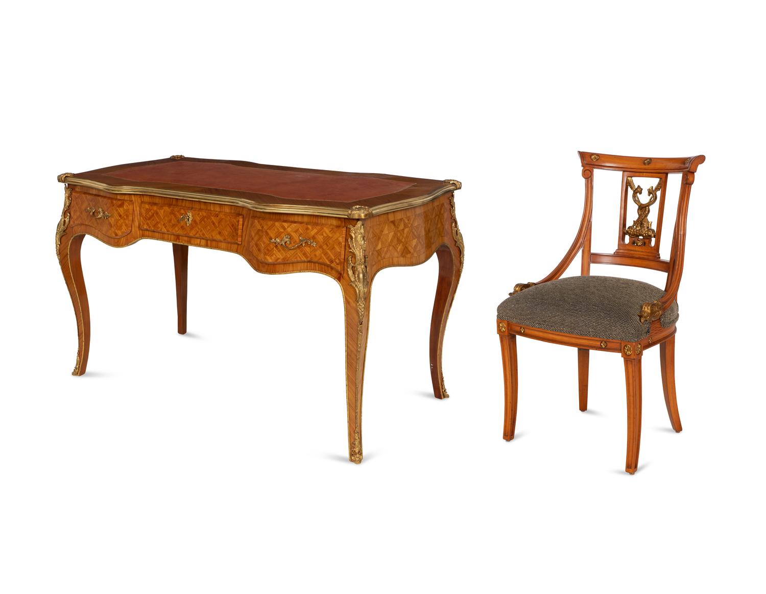 A Louis XV Style Gilt Bronze Mounted Parquetry Bureau Plat and Regency Style Parcel Gilt Chair